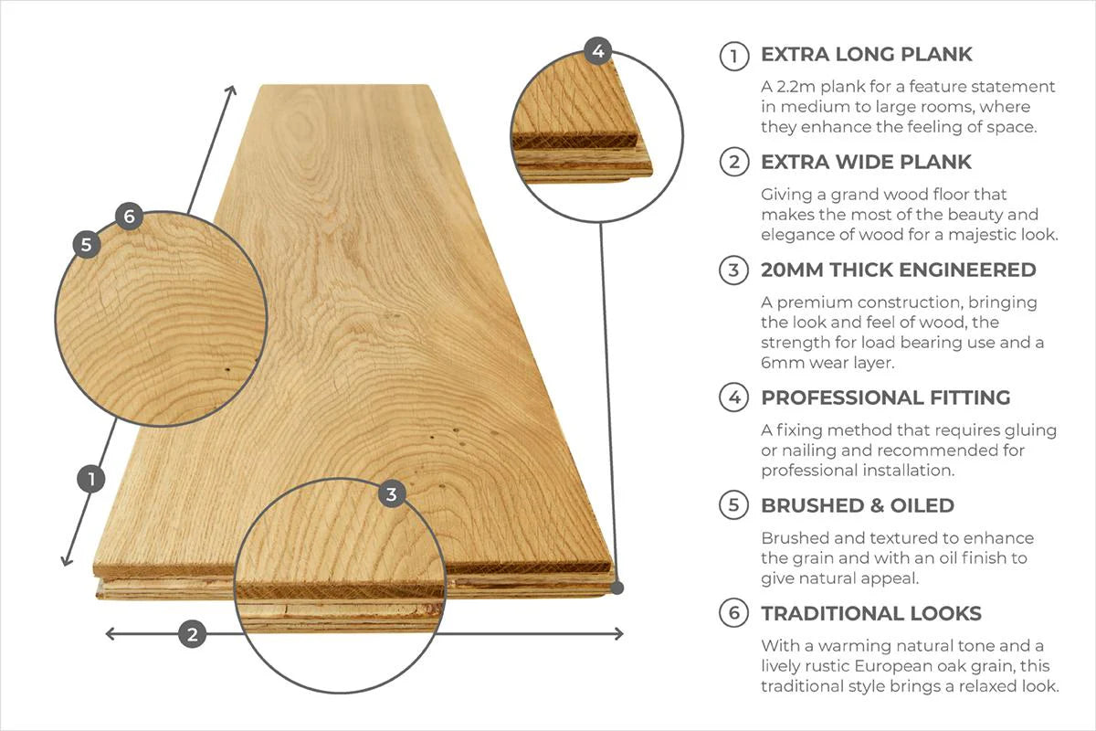 Professional Engineered European Rustic Oak Hardwood Flooring 20mm x 240mm - 3 Colours