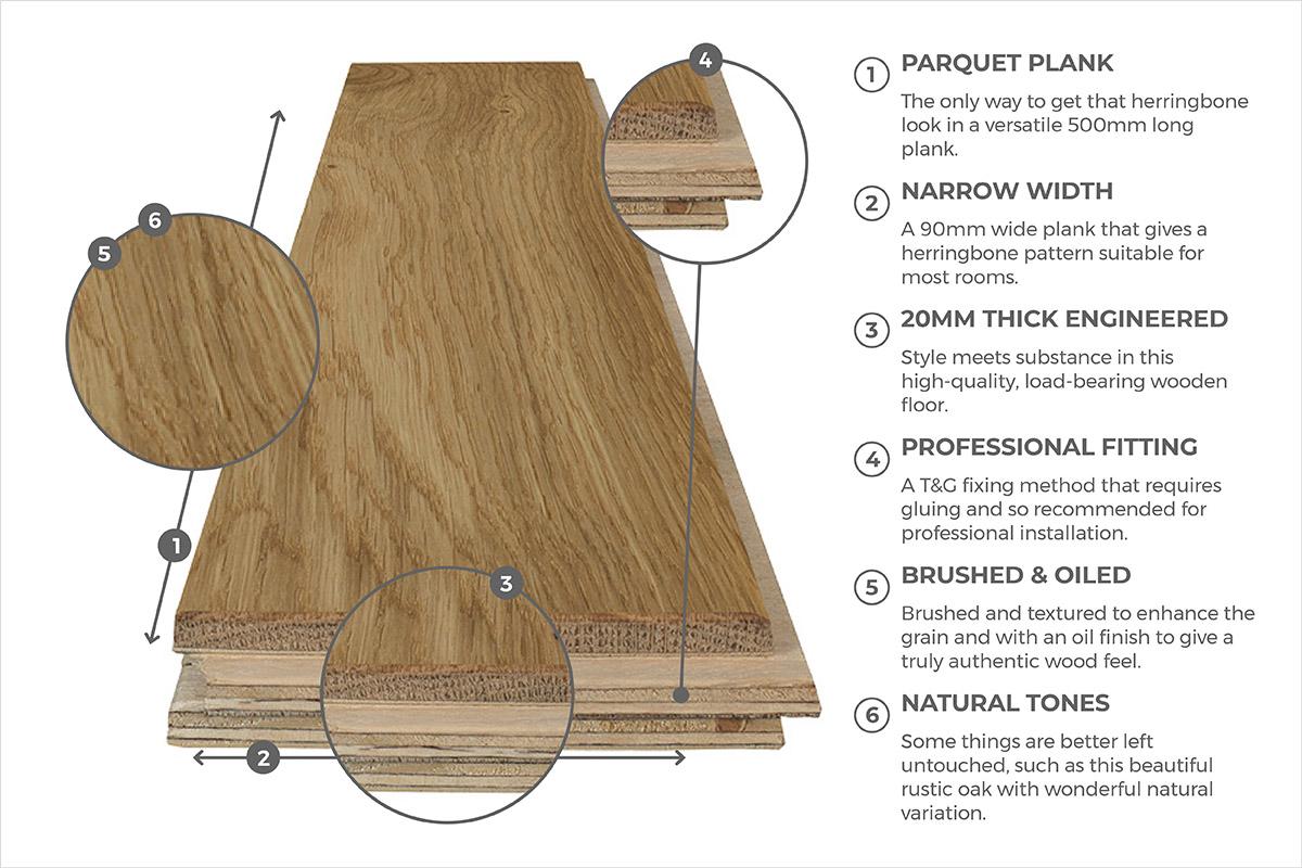 Professional Engineered Rustic Oak Herringbone Hardwood Flooring 20mm x 90mm - 4 Colours