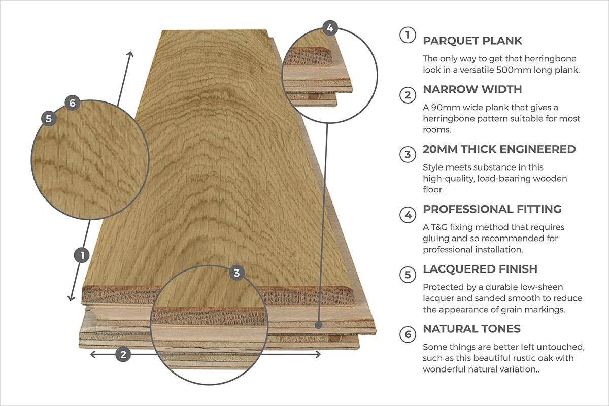 Professional Engineered Rustic Oak Herringbone Hardwood Flooring 20mm x 90mm - 4 Colours