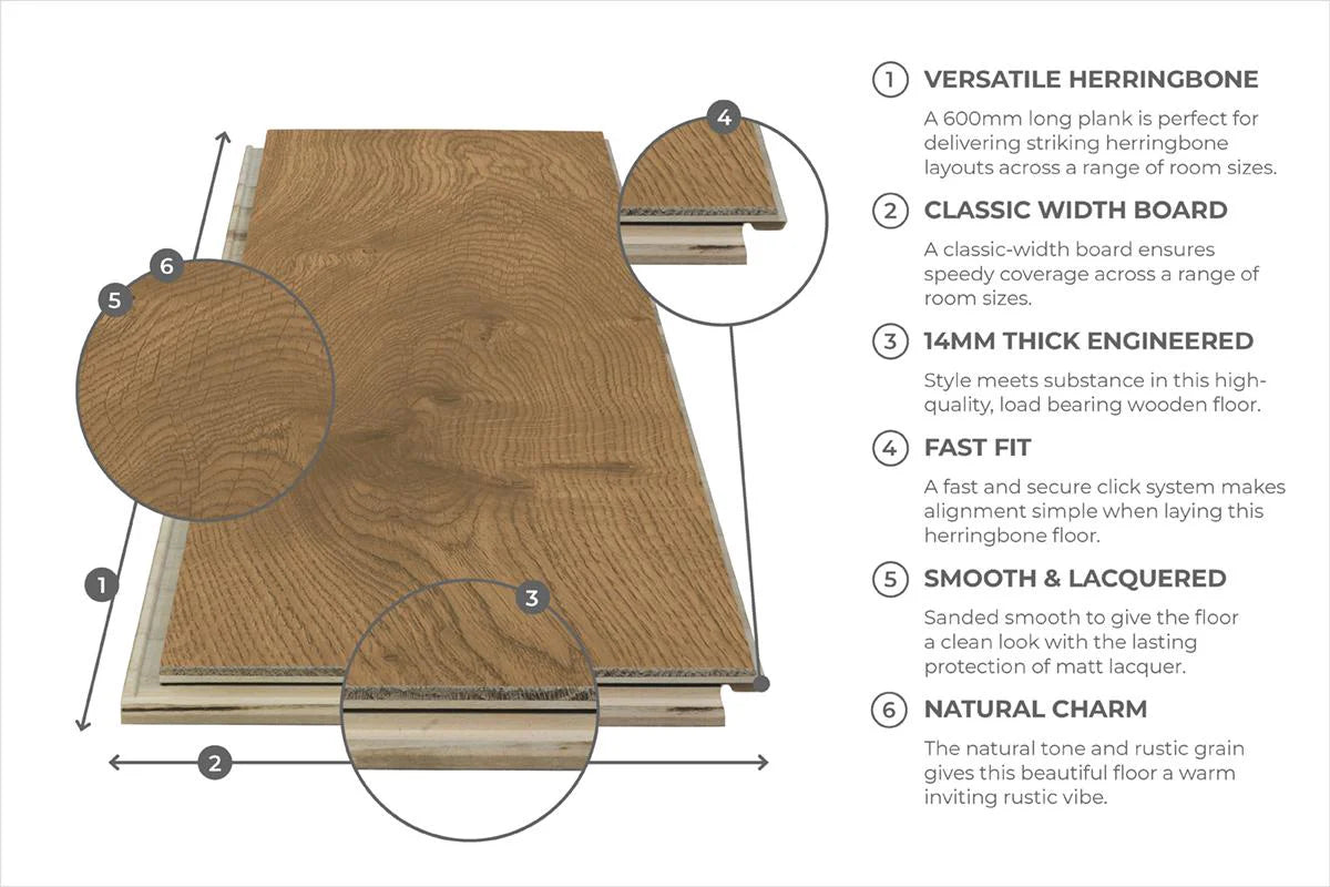 Herringbone Engineered European Rustic Oak Flooring 14mm x 150mm - 6 Colours