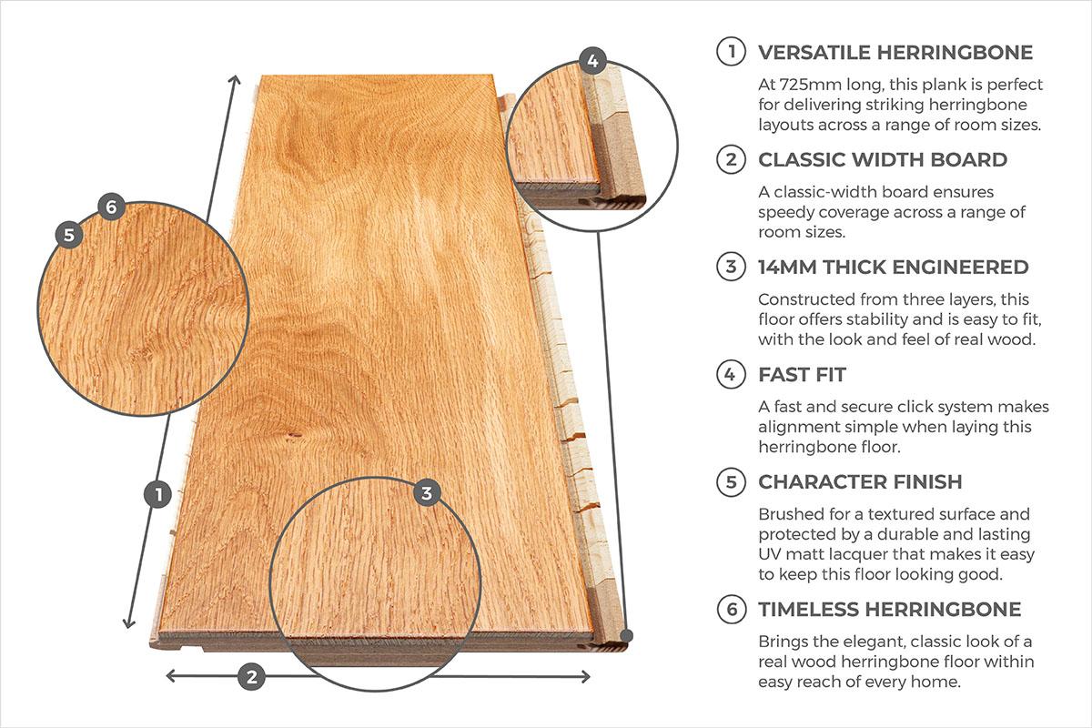 Herringbone Engineered Hardwood Oak Flooring 14mm x 130mm - 6 Colours
